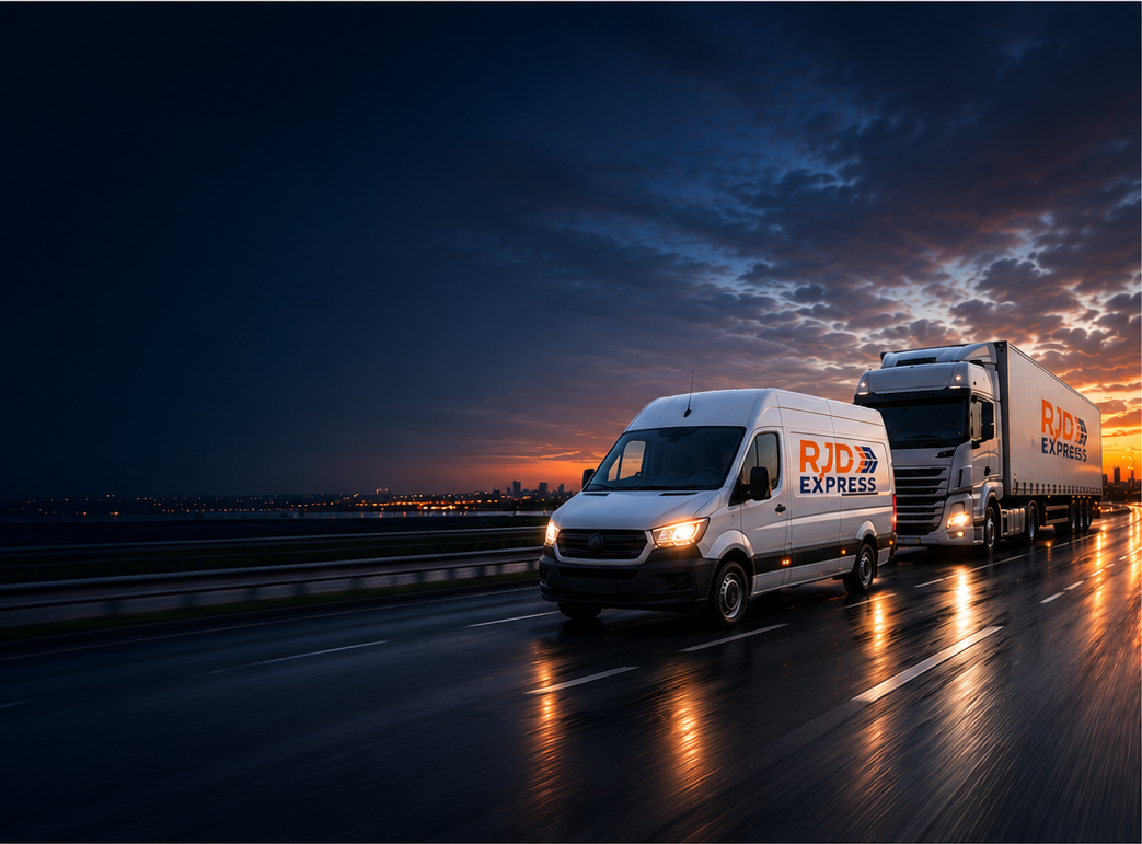 RJD Express van and truck on a UK motorway at dusk